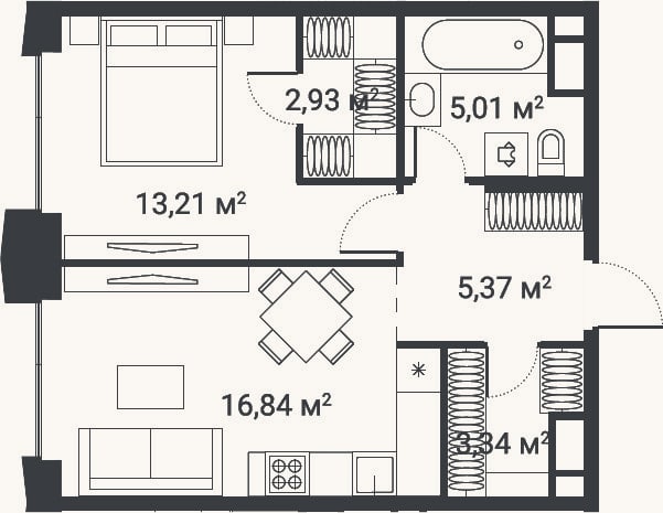 Планировка: 1-к, 46,7 м²