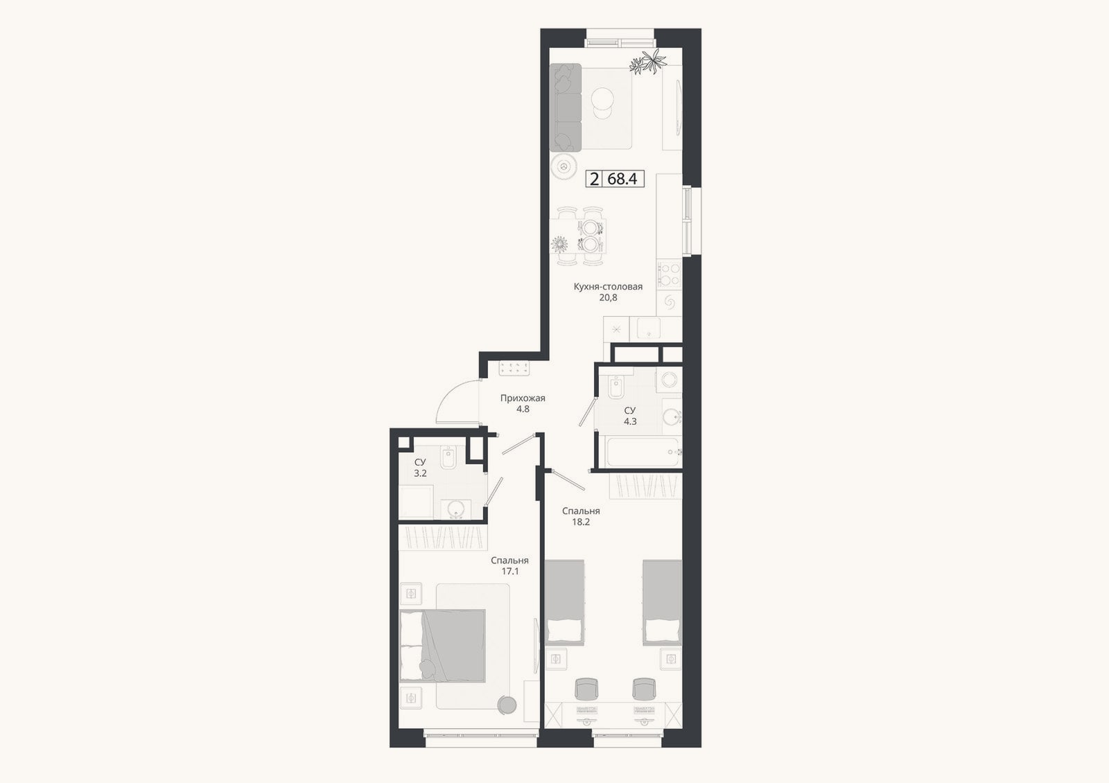 Планировка: 3-к, 68,4 м²
