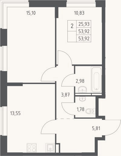 Планировка: 2-к, 53,9 м²