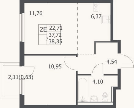 Планировка: 2-к, 37,7 м²