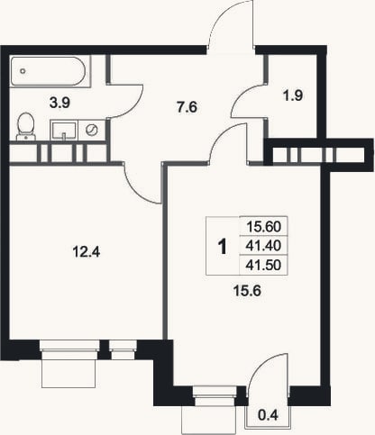 Планировка: 1-к, 41,4 м²