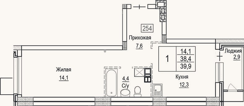 Планировка: 1-к, 38,4 м²