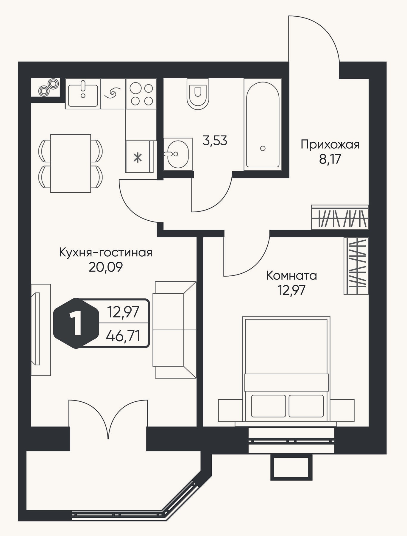 Планировка: 2-к, 44,8 м²