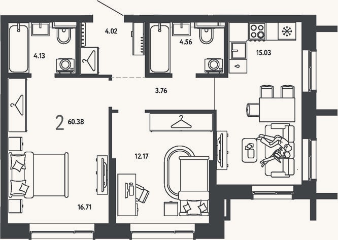 Планировка: 2-к, 60,4 м²