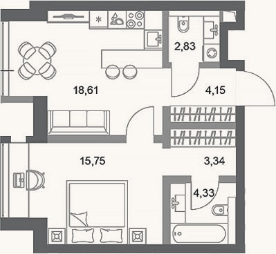 Планировка: 1-к, 49 м²
