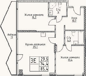 Планировка: 3-к, 74,4 м²