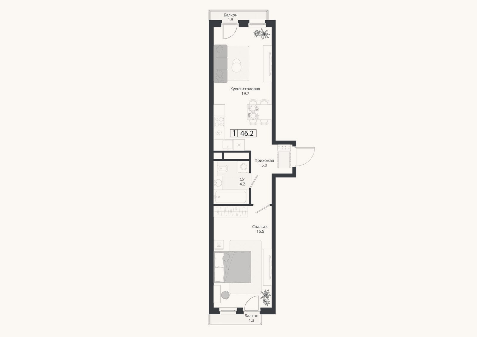 Планировка: 2-к, 45,4 м²