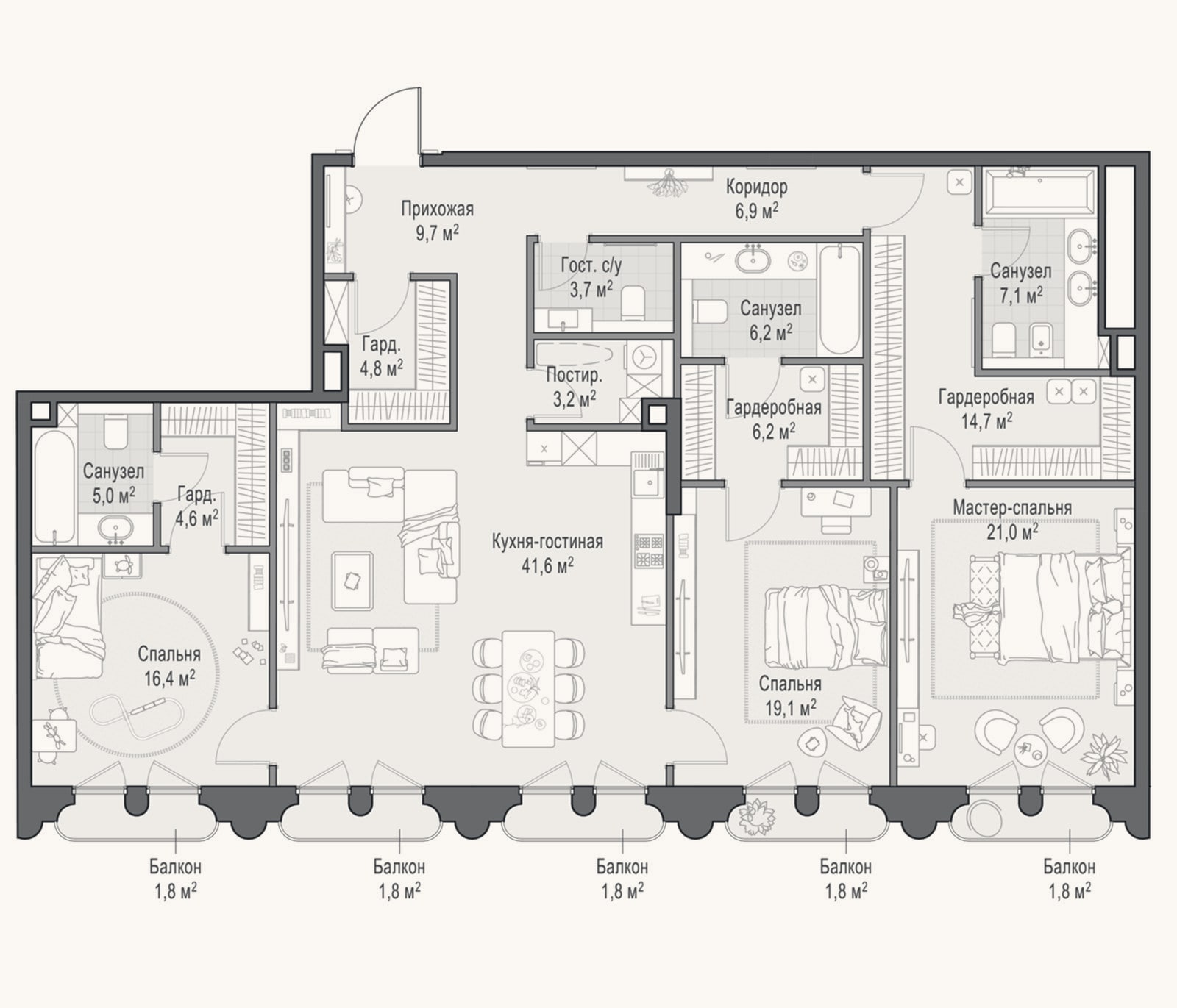 Планировка: 4+ к, 174,7 м²