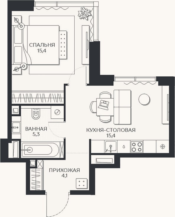 Планировка: 1-к, 40,2 м²