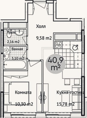 Планировка: 2-к, 42,4 м²