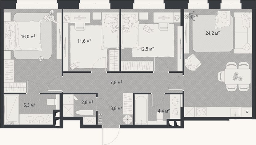 Планировка: 4+ к, 88,4 м²