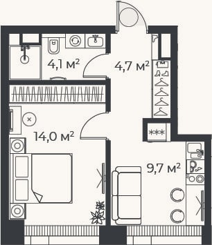 Планировка: 1-к, 32,5 м²