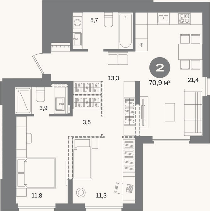 Планировка: 2-к, 70,9 м²