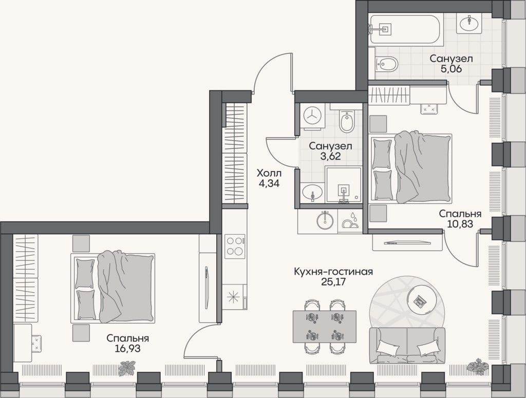 Планировка: 3-к, 61,7 м²