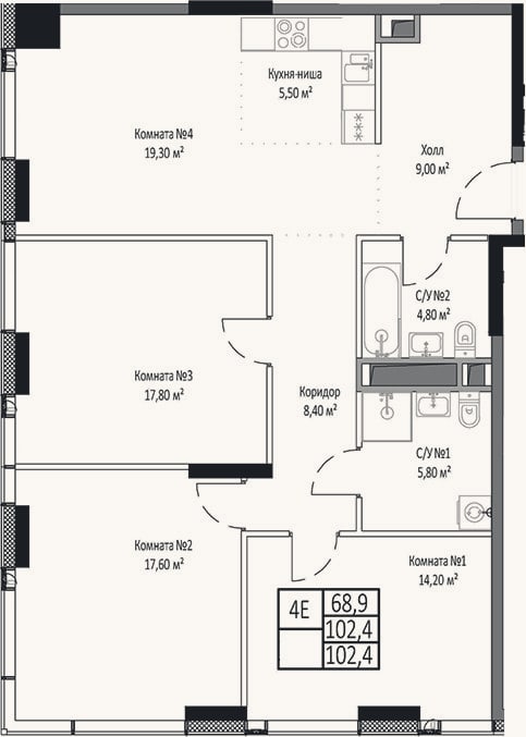 Планировка: 4+ к, 102,4 м²