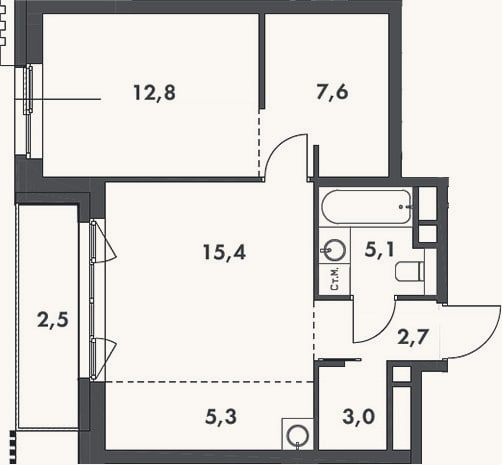 Планировка: 2-к, 51,9 м²