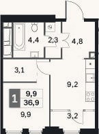 Планировка: 1-к, 33,7 м²