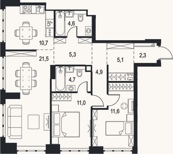 Планировка: 3-к, 81,7 м²