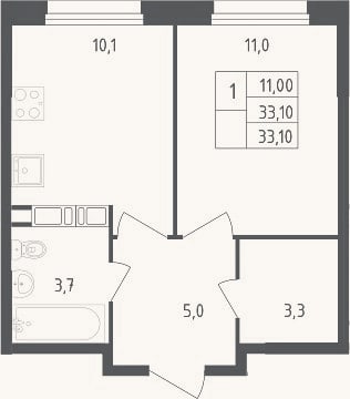 Планировка: 1-к, 33,1 м²