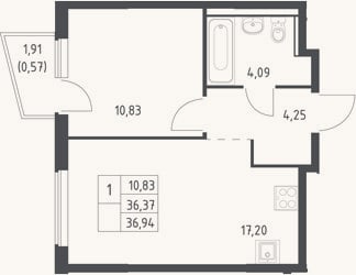 Планировка: 2-к, 36,4 м²