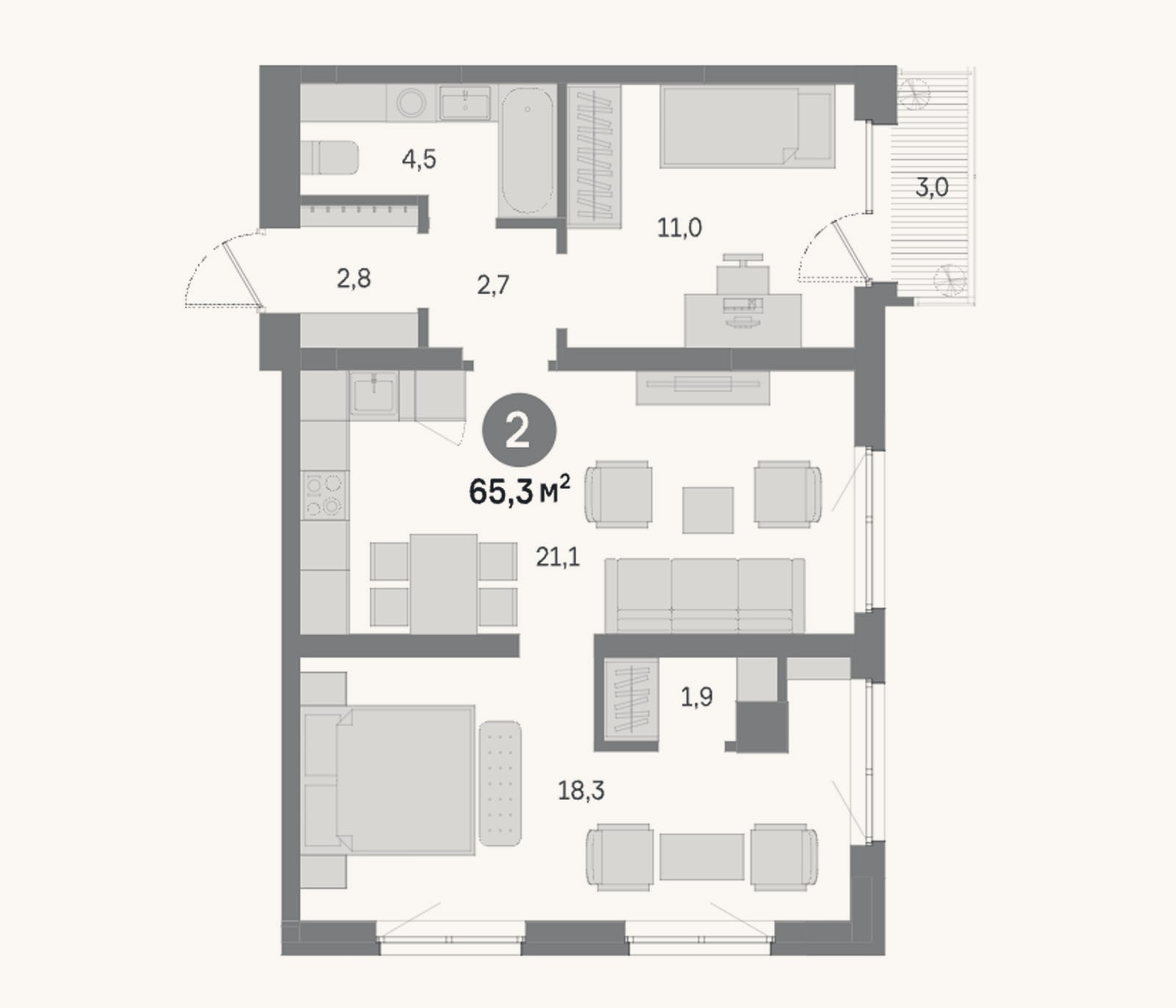 Планировка: 2-к, 62,4 м²