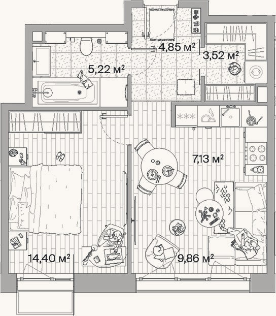 Планировка: 2-к, 45 м²