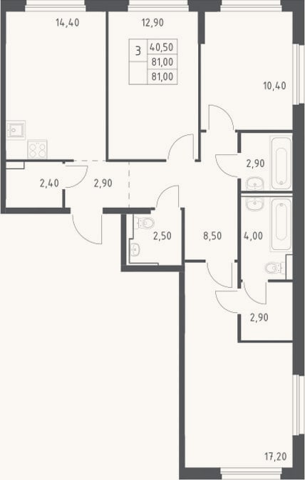 Планировка: 3-к, 81 м²