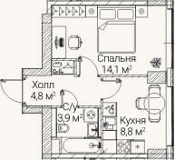 Планировка: 1-к, 31,6 м²