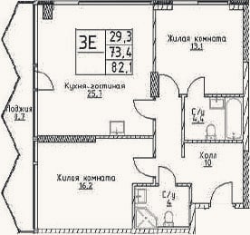 Планировка: 3-к, 73,4 м²