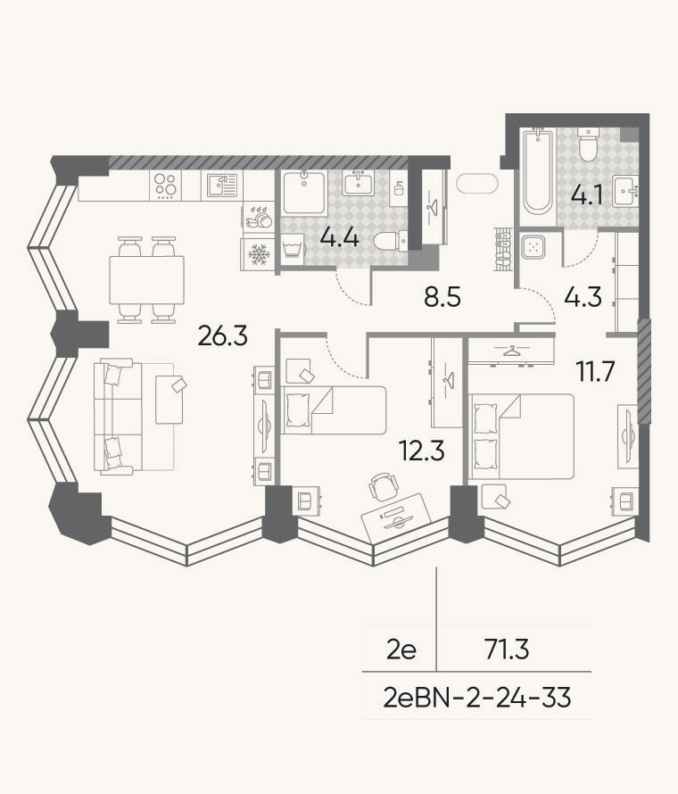 Планировка: 3-к, 71,3 м²