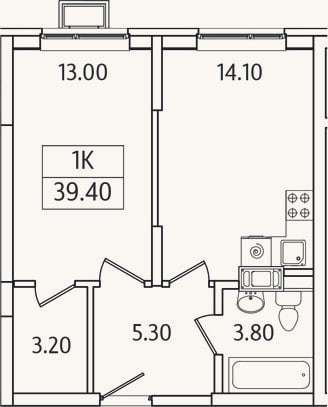 Планировка: 1-к, 39,4 м²