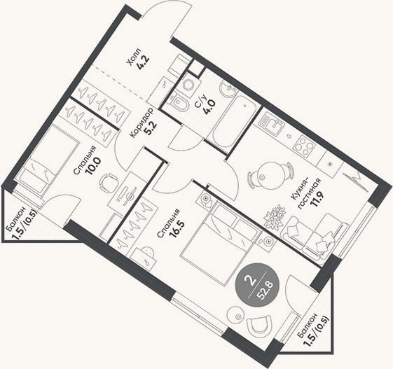 Планировка: 2-к, 51,8 м²