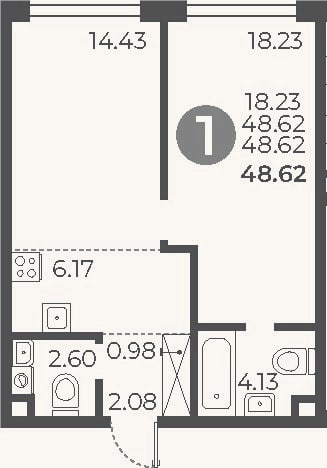 Планировка: 1-к, 48,6 м²