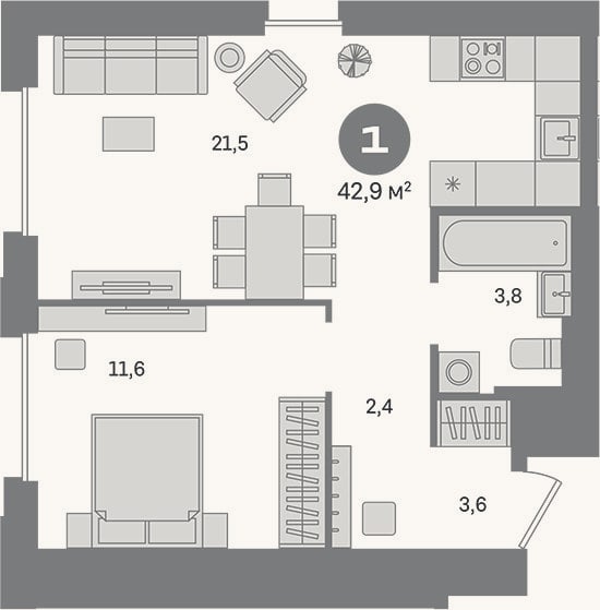 Планировка: 1-к, 42,9 м²