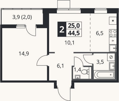 Планировка: 2-к, 42,5 м²