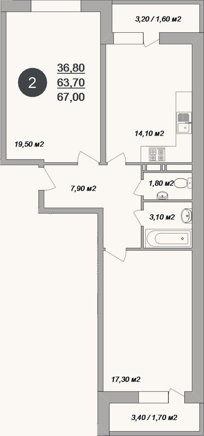 Планировка: 2-к, 63,7 м²