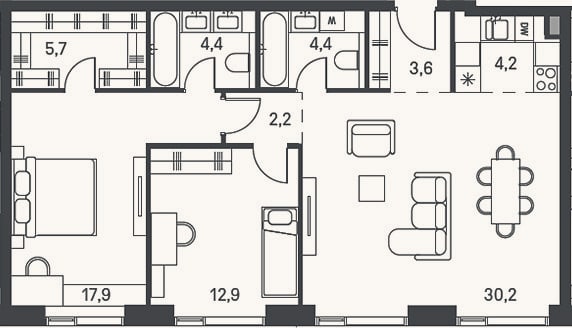 Планировка: 3-к, 85,5 м²