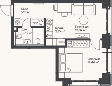 Планировка: 2-к, 37,3 м²