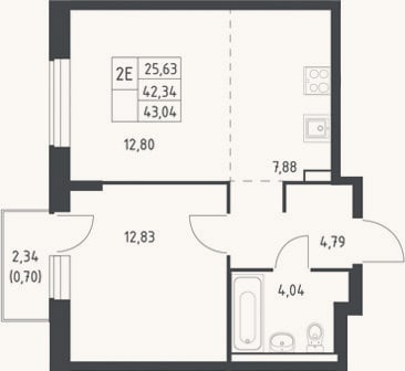 Планировка: 2-к, 42,3 м²