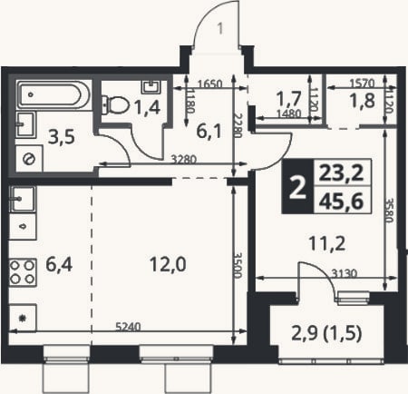Планировка: 2-к, 45,2 м²