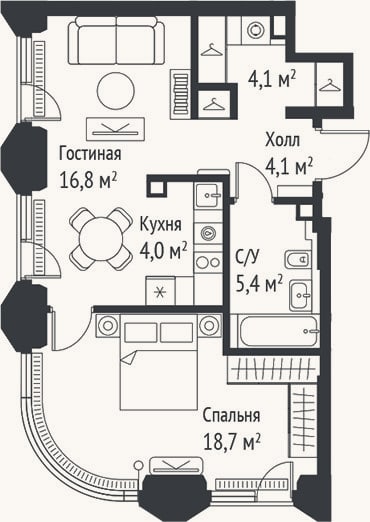 Планировка: 2-к, 53 м²