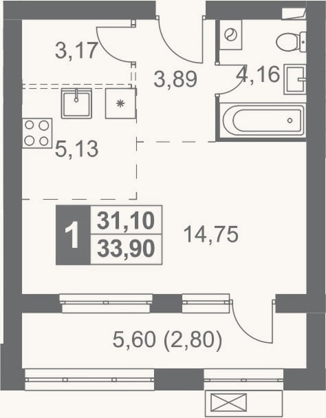 Планировка: Студия, 31,1 м²
