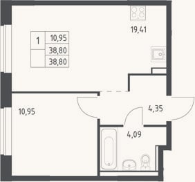 Планировка: 2-к, 38,8 м²