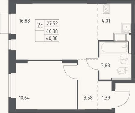 Планировка: 2-к, 40,4 м²