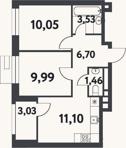 Планировка: 2-к, 42,8 м²
