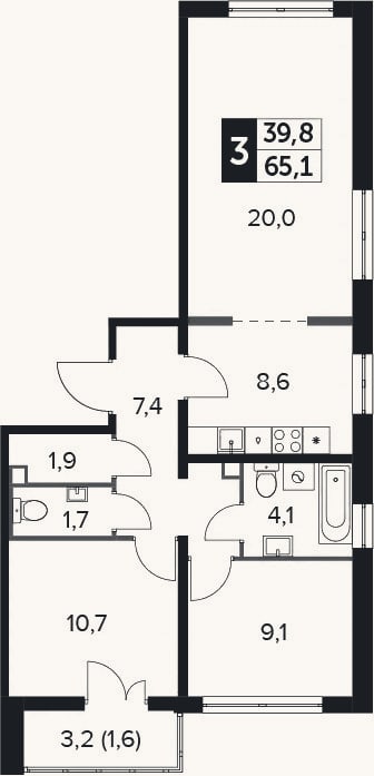 Планировка: 3-к, 63,5 м²