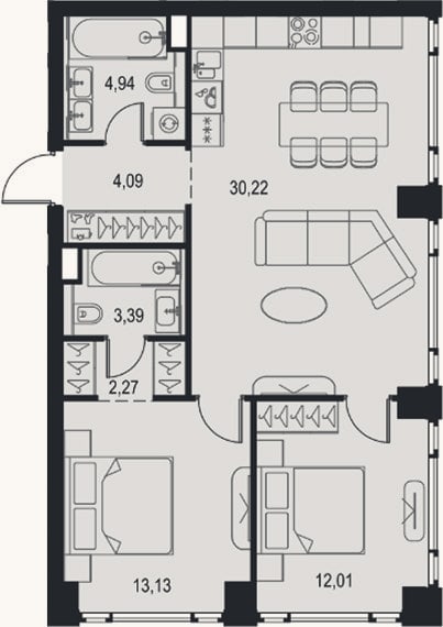 Планировка: 3-к, 70,1 м²