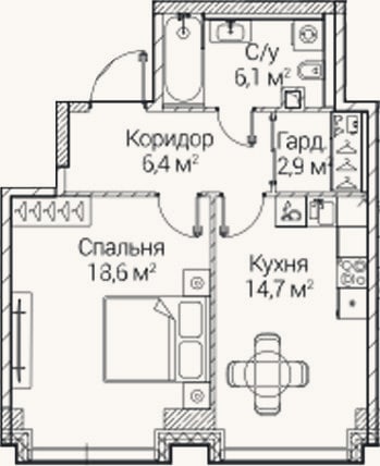 Планировка: 1-к, 48,7 м²