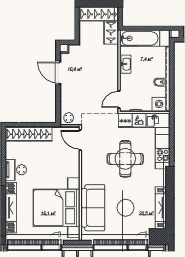 Планировка: 2-к, 54,4 м²