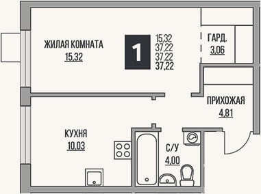 Планировка: 2-к, 37,2 м²
